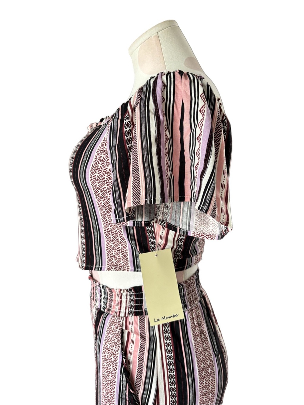 Pink Multi Stripe Two Piece Set Crop Top Wide Leg Pants S/XS - Picture 7 of 8